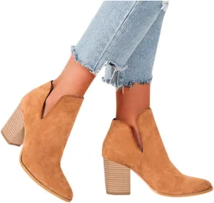 Ankle Boots for Women V Cut,Ankle Booties Retro Cutout Comfy Short Boots Flock Zip Closure Stacked Chunky Block Heels Shoes