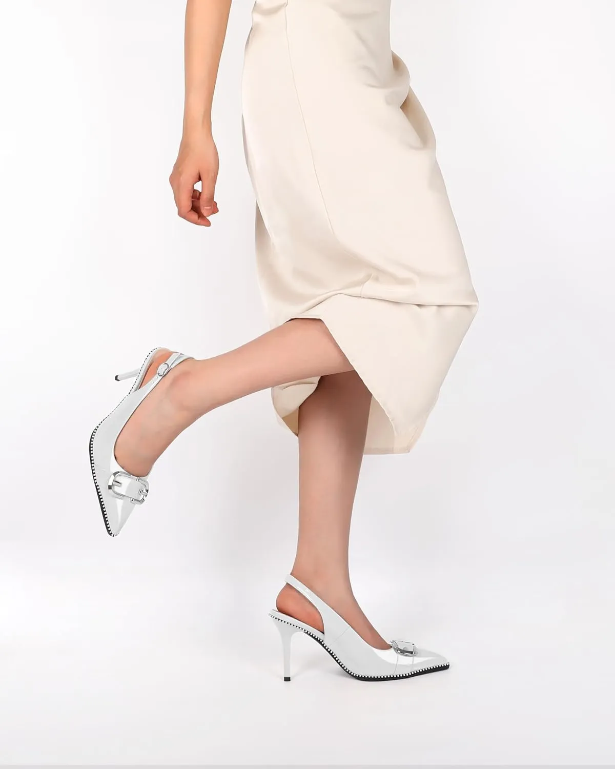 AUMOTED Women Slingback Heels Stilettos High Heel Beaded Pumps Pointed Toe 3.5 Inch Heels