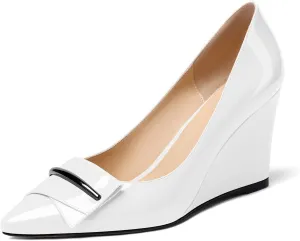 AUMOTED Women Wedge Heels Pumps Pointed Toe Slip on High Heeled Bow Heels Classic Wedge Heel Dress Shoes for Office Wedding Work Evening 3.5 Inches