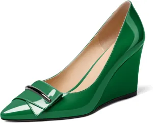 AUMOTED Women Wedge Heels Pumps Pointed Toe Slip on High Heeled Bow Heels Classic Wedge Heel Dress Shoes for Office Wedding Work Evening 3.5 Inches