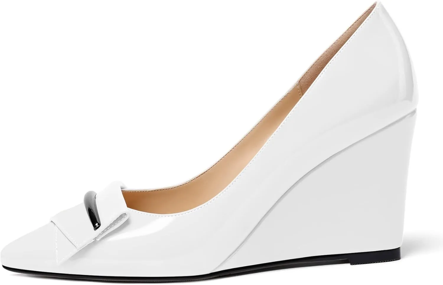 AUMOTED Women Wedge Heels Pumps Pointed Toe Slip on High Heeled Bow Heels Classic Wedge Heel Dress Shoes for Office Wedding Work Evening 3.5 Inches