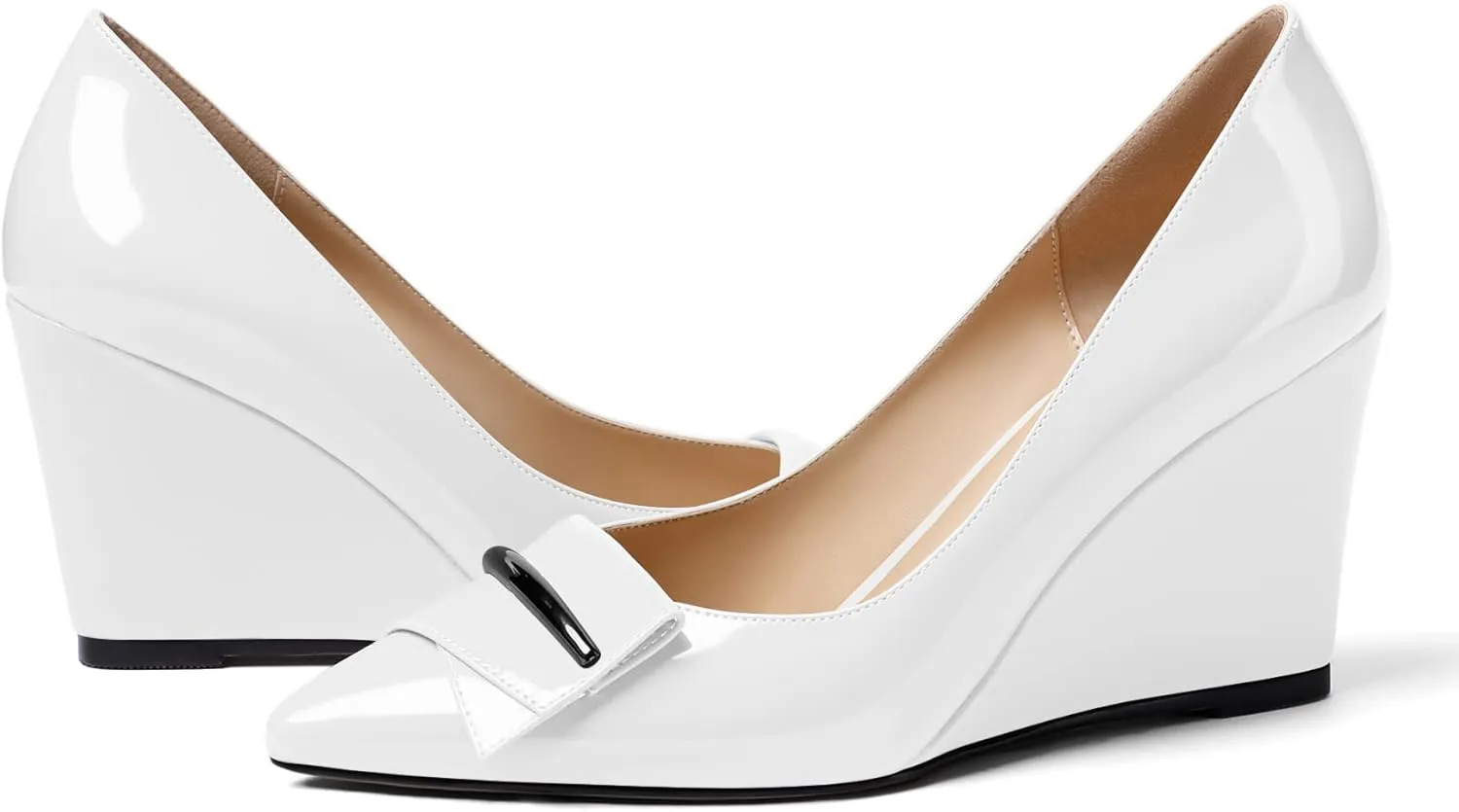 AUMOTED Women Wedge Heels Pumps Pointed Toe Slip on High Heeled Bow Heels Classic Wedge Heel Dress Shoes for Office Wedding Work Evening 3.5 Inches