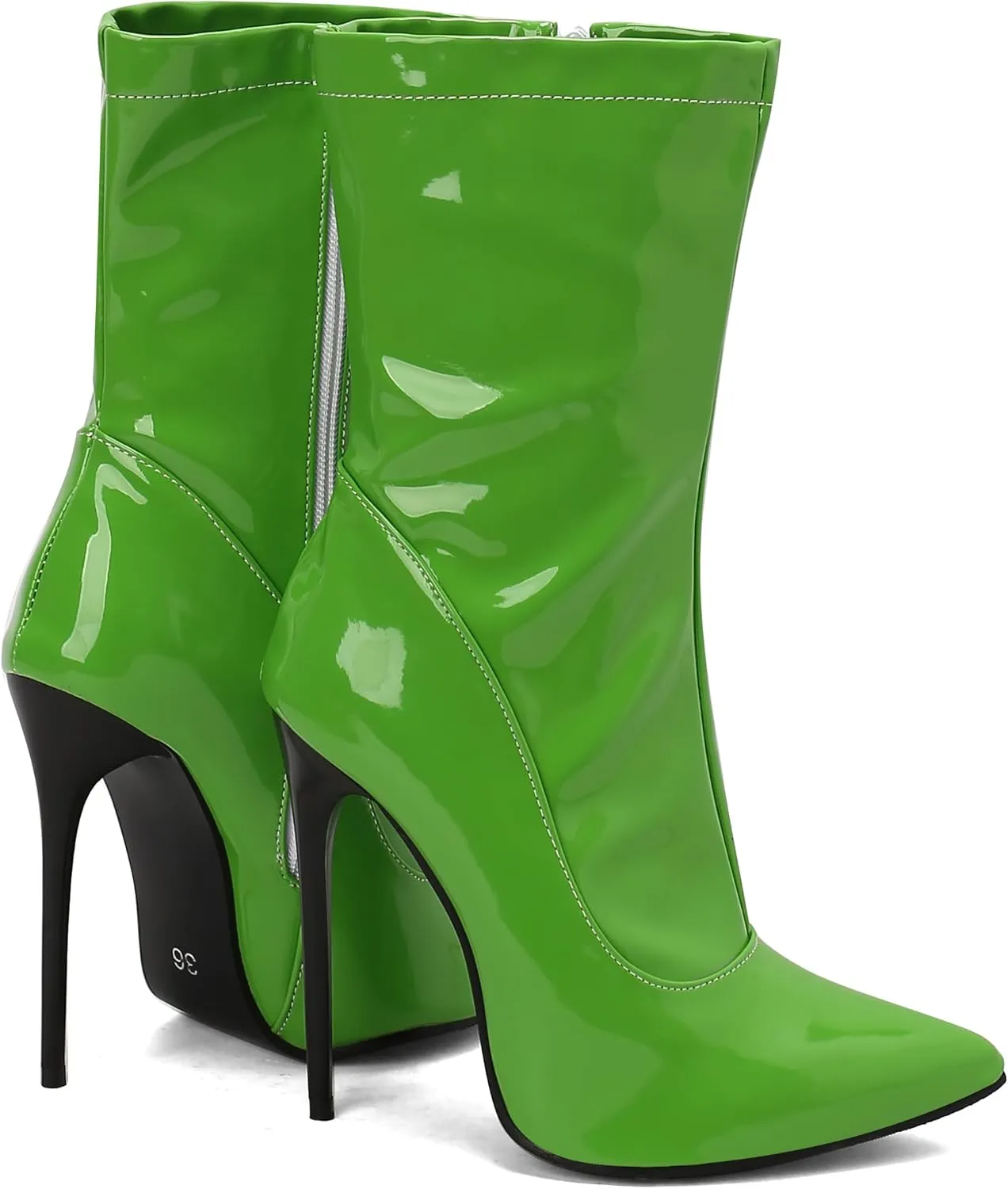 BEAUPAS Women's Ankle Boots Stiletto High Heels Pointed Toe Mid Calf Boots Gogo Boots Dress Patent Leather Side Zipper Booties