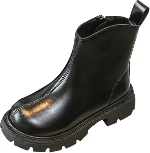 Big Kids Black Platform Booties For Toddler Girls Side Zipper Cheer Shoes Outdoor Warm Non Slip PU Leather Non-slip
