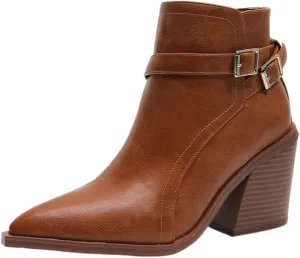 Casual Women's Strap Buckle Western Boots Ankle High Chunky High Heels Zipper Booties