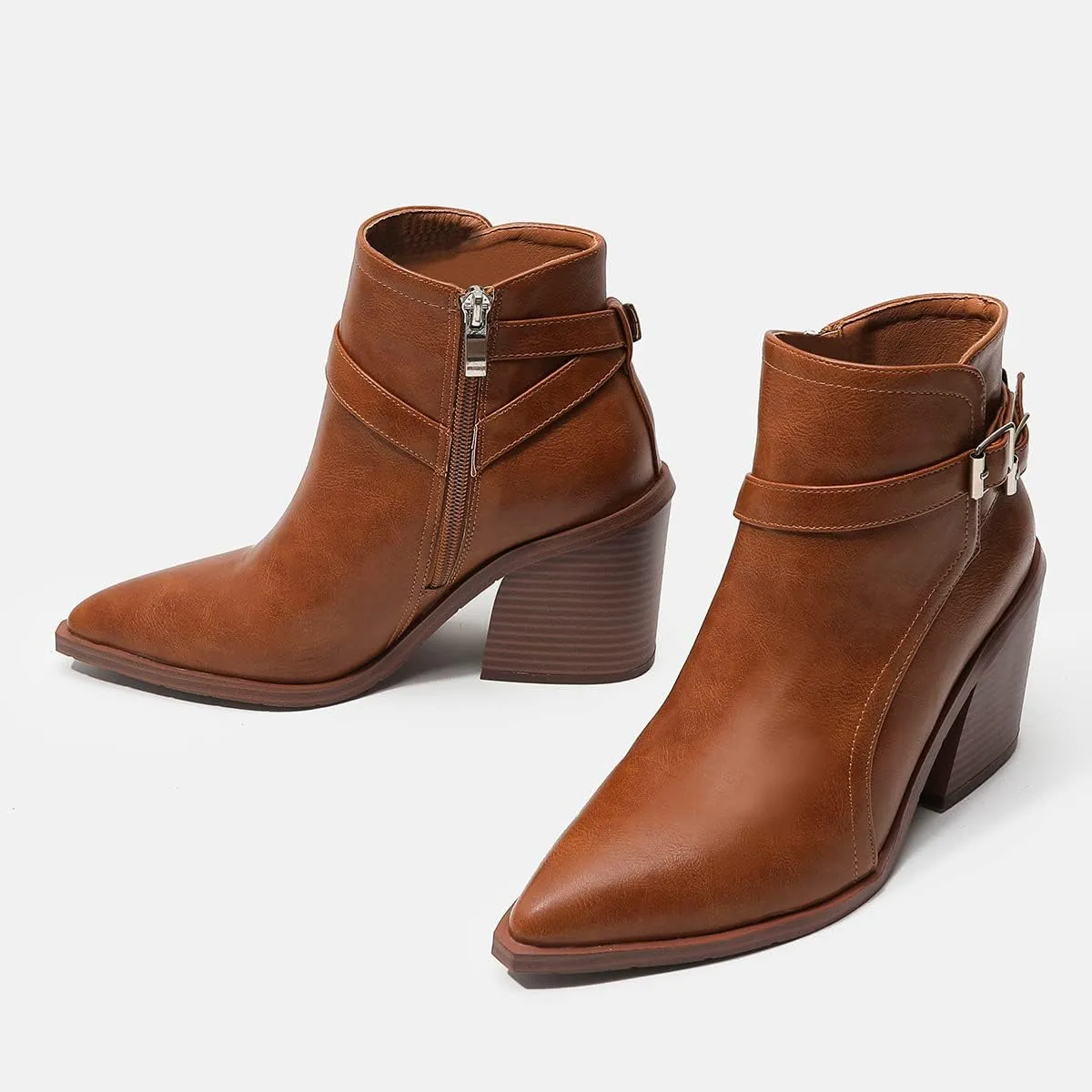 Casual Women's Strap Buckle Western Boots Ankle High Chunky High Heels Zipper Booties