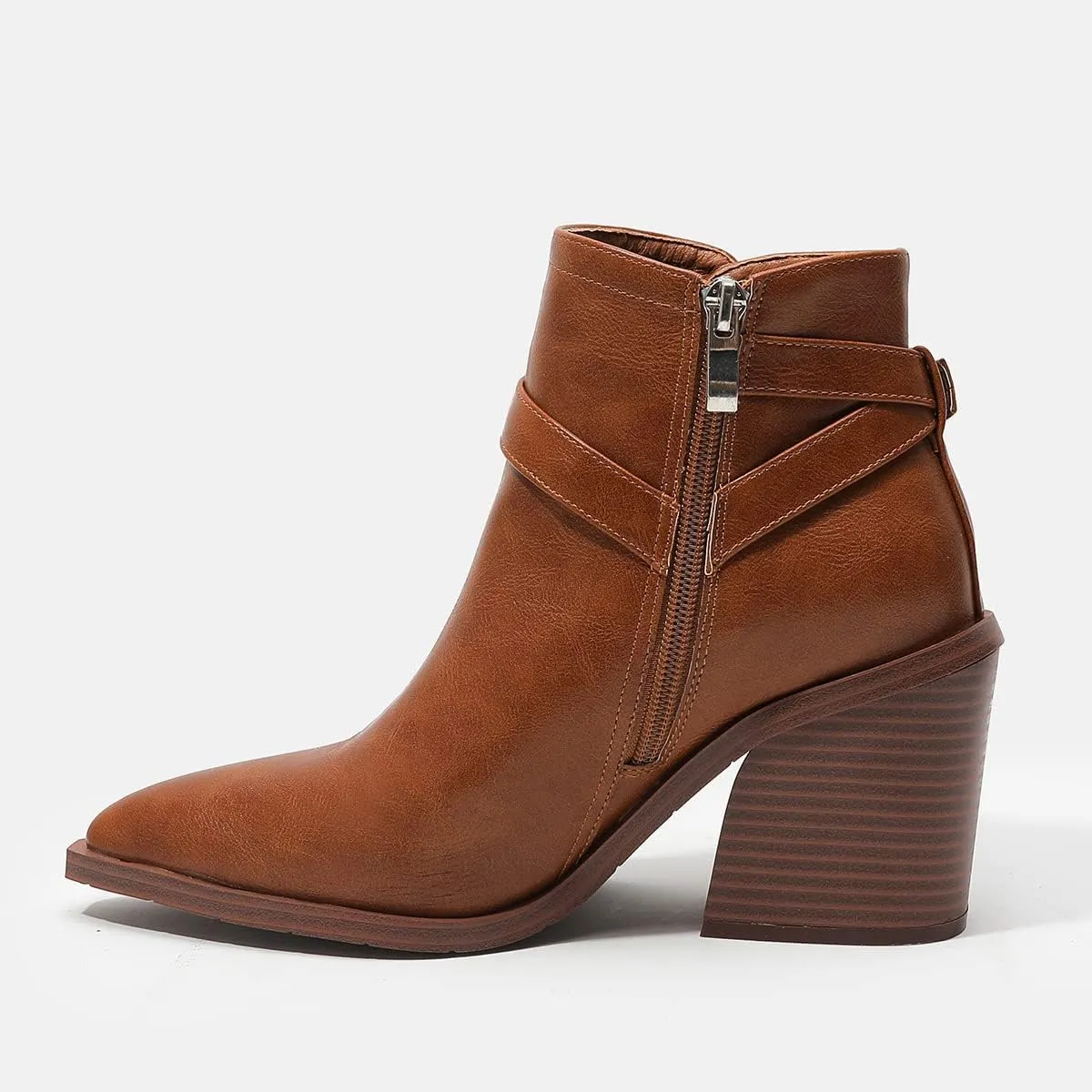 Casual Women's Strap Buckle Western Boots Ankle High Chunky High Heels Zipper Booties