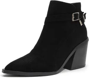 Casual Women's Strap Buckle Western Boots Ankle High Chunky High Heels Zipper Booties