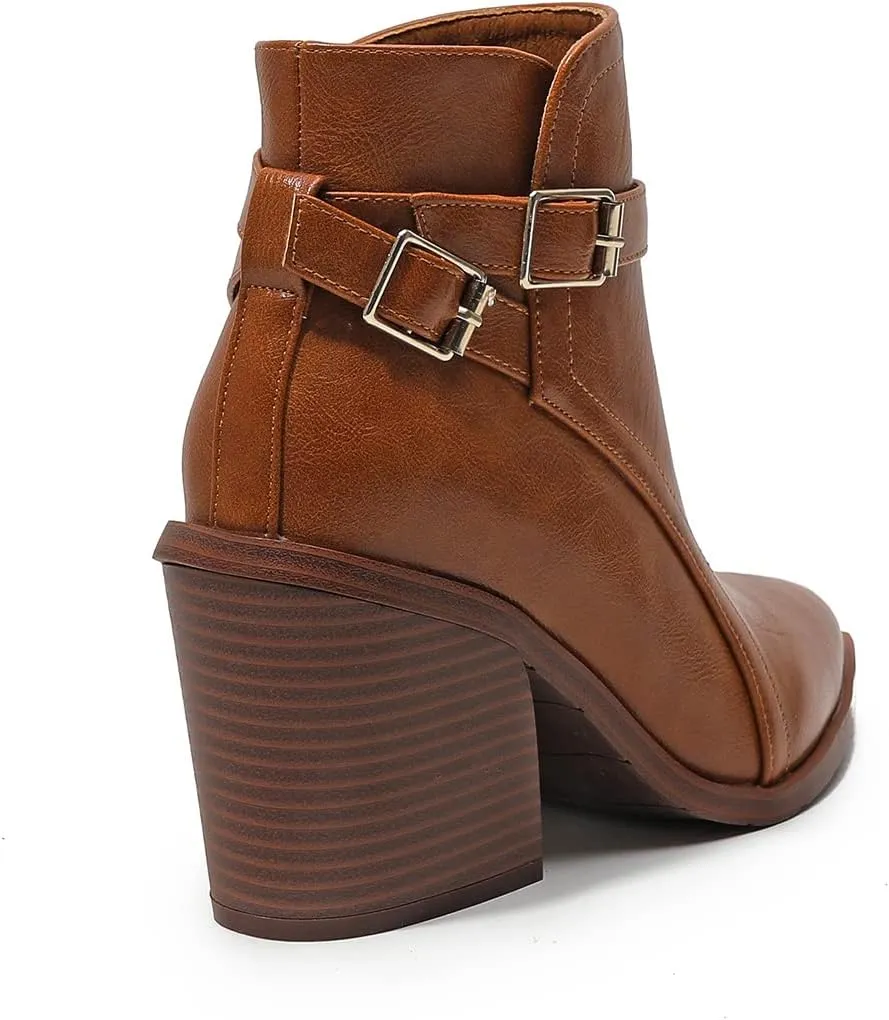 Casual Women's Strap Buckle Western Boots Ankle High Chunky High Heels Zipper Booties