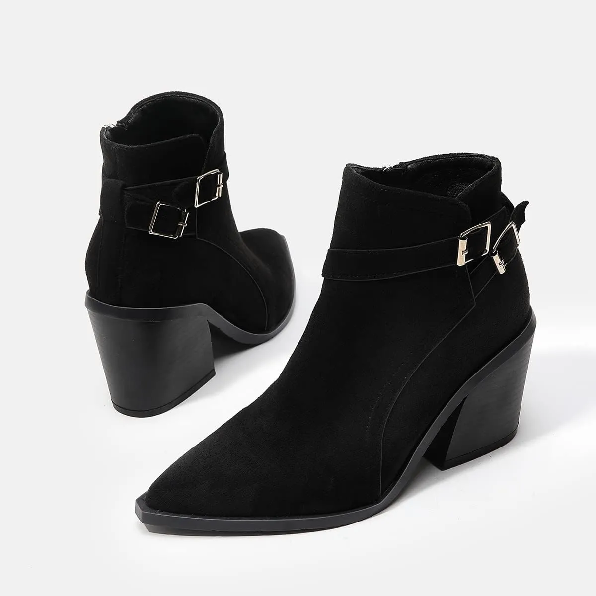 Casual Women's Strap Buckle Western Boots Ankle High Chunky High Heels Zipper Booties