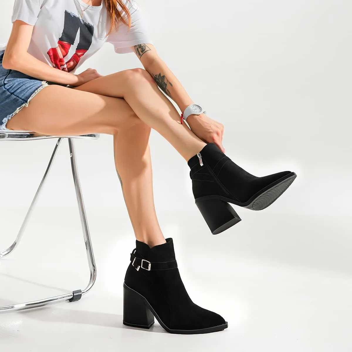 Casual Women's Strap Buckle Western Boots Ankle High Chunky High Heels Zipper Booties