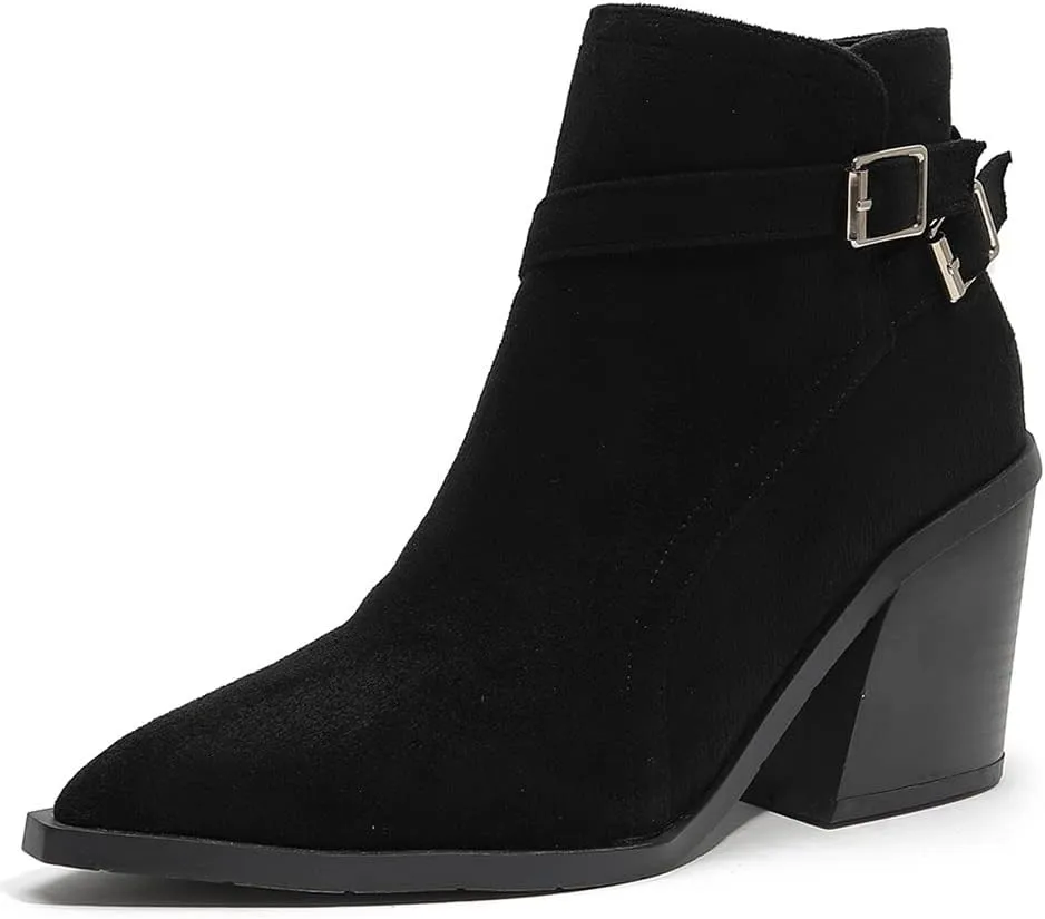 Casual Women's Strap Buckle Western Boots Ankle High Chunky High Heels Zipper Booties
