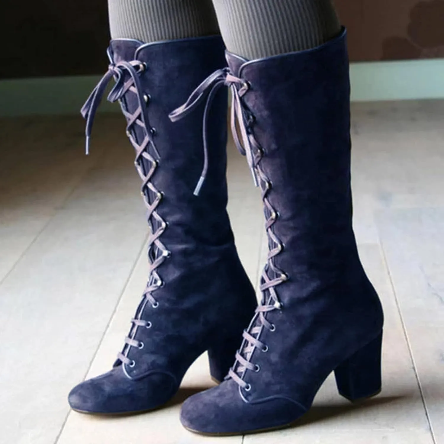 Fall Boots for Women 2023 Cowboy Boots Vintage Knee High Boots Lace Up Boots Chunky Heels Gothic Mid Calf Boots Retro