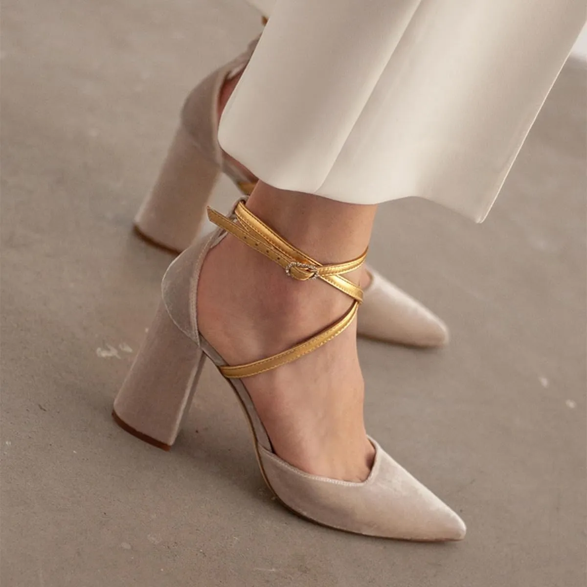 FSJ Women Bridal Chunky High Heels Pointed Toe Pumps Cross Strap D'Orsay Velvet Block Heel Sandals Wedding Evening Shoes Size 4-16 US
