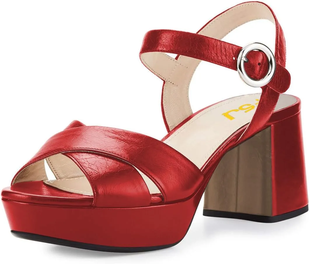 FSJ Women Peep Toe Chunky High Heels Platform Sandals Ankle Strap Velvet & Suede Summer Dress Wedding Prom Shoes Size 4-15 US