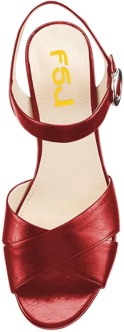 FSJ Women Peep Toe Chunky High Heels Platform Sandals Ankle Strap Velvet & Suede Summer Dress Wedding Prom Shoes Size 4-15 US