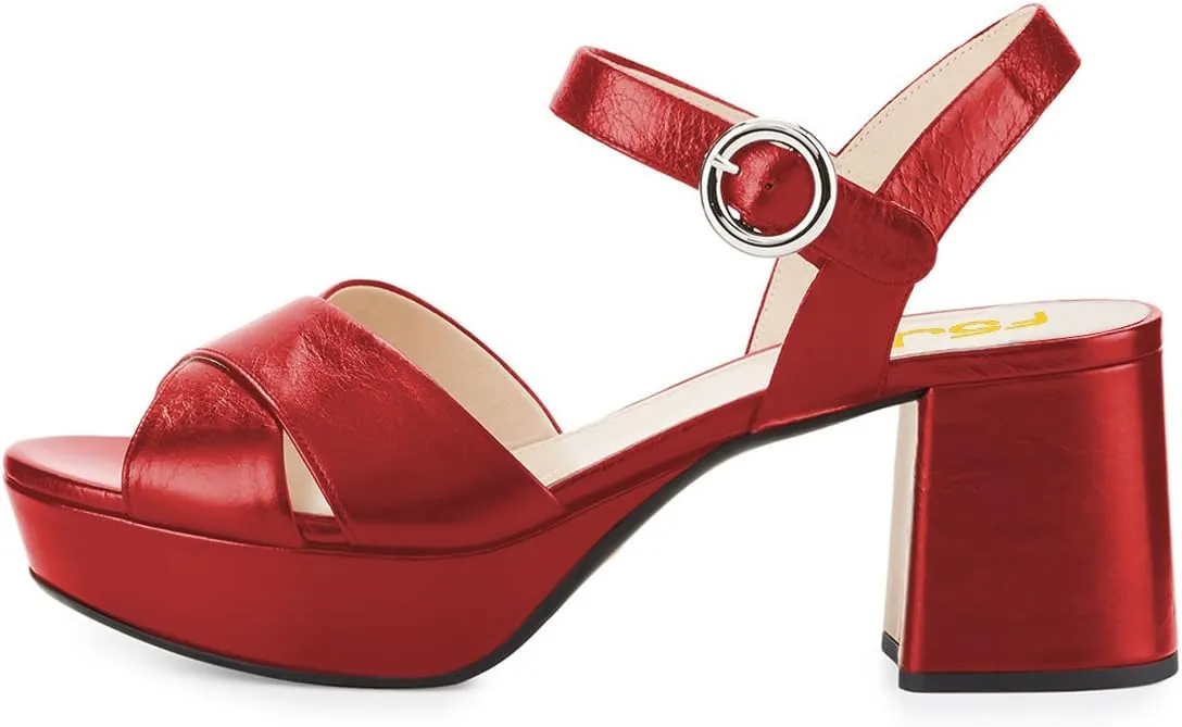 FSJ Women Peep Toe Chunky High Heels Platform Sandals Ankle Strap Velvet & Suede Summer Dress Wedding Prom Shoes Size 4-15 US