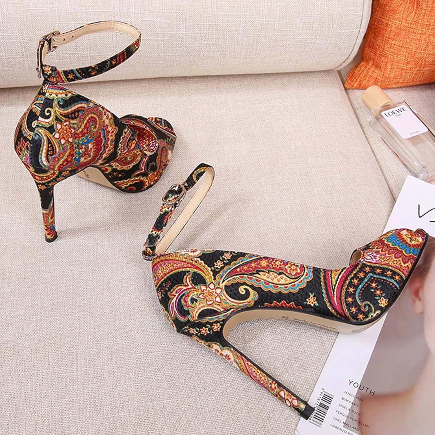 HuangTaiJi Qing Women's Fashion Peep Toe High Heels Stilettos Sandals Ankle Buckle Printed High Heel Pumps