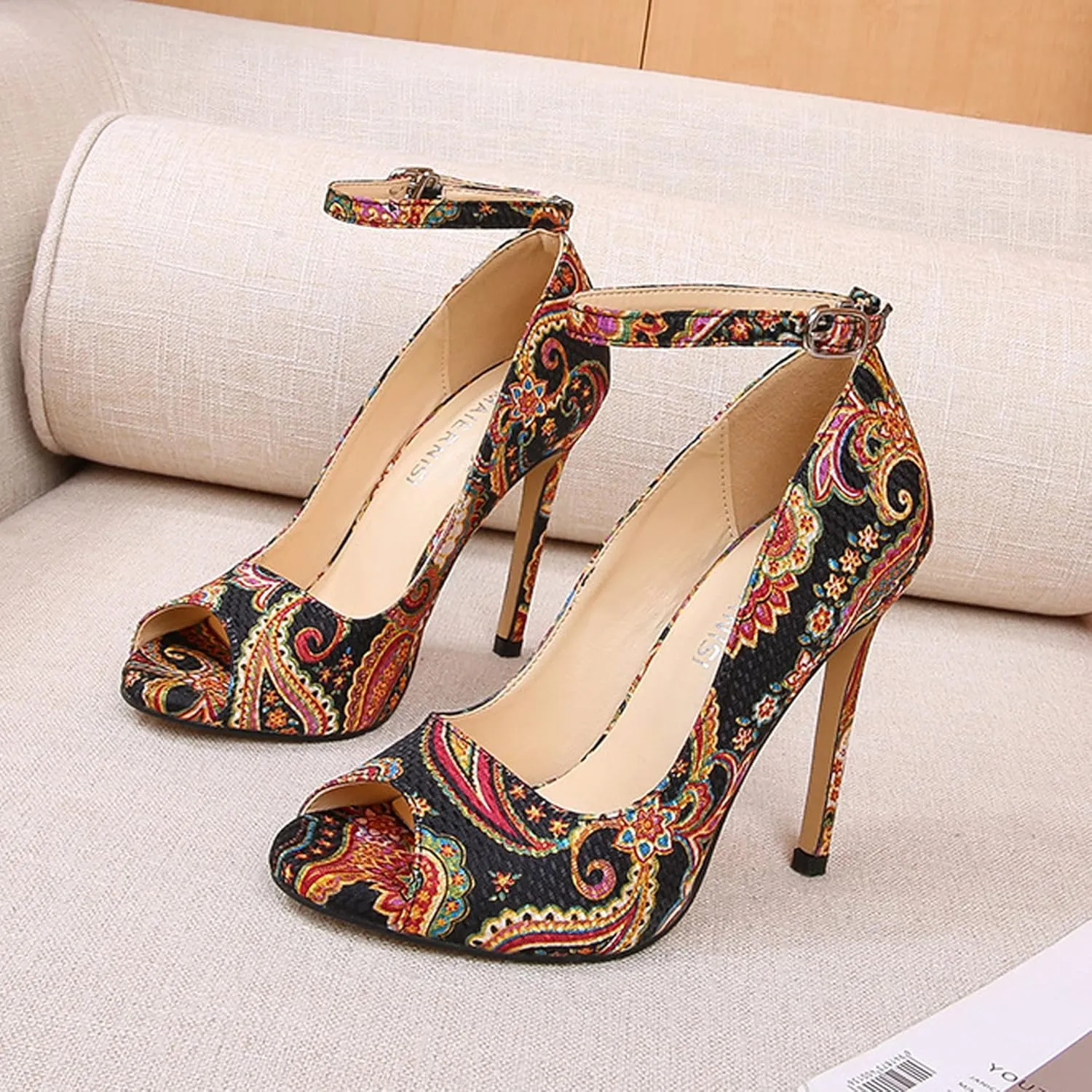 HuangTaiJi Qing Women's Fashion Peep Toe High Heels Stilettos Sandals Ankle Buckle Printed High Heel Pumps