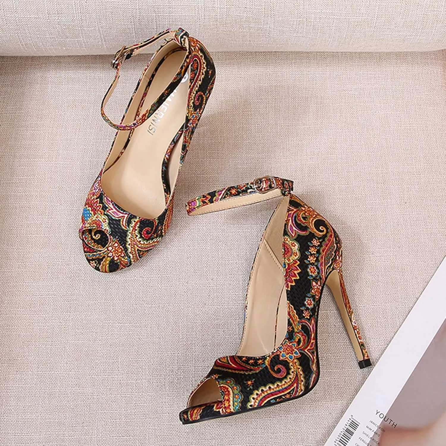 HuangTaiJi Qing Women's Fashion Peep Toe High Heels Stilettos Sandals Ankle Buckle Printed High Heel Pumps