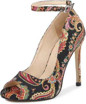 HuangTaiJi Qing Women's Fashion Peep Toe High Heels Stilettos Sandals Ankle Buckle Printed High Heel Pumps