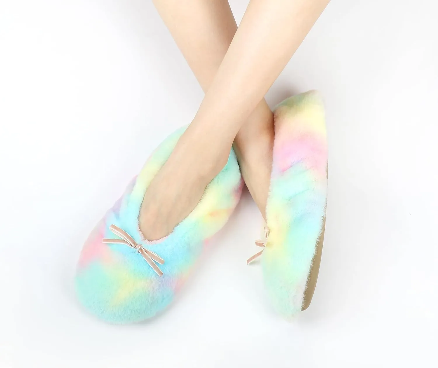 Keyela Women's Ballerina House Slippers with Soft Tie Bow and Suede Sole, Non-Slip Bedroom Slippers Socks
