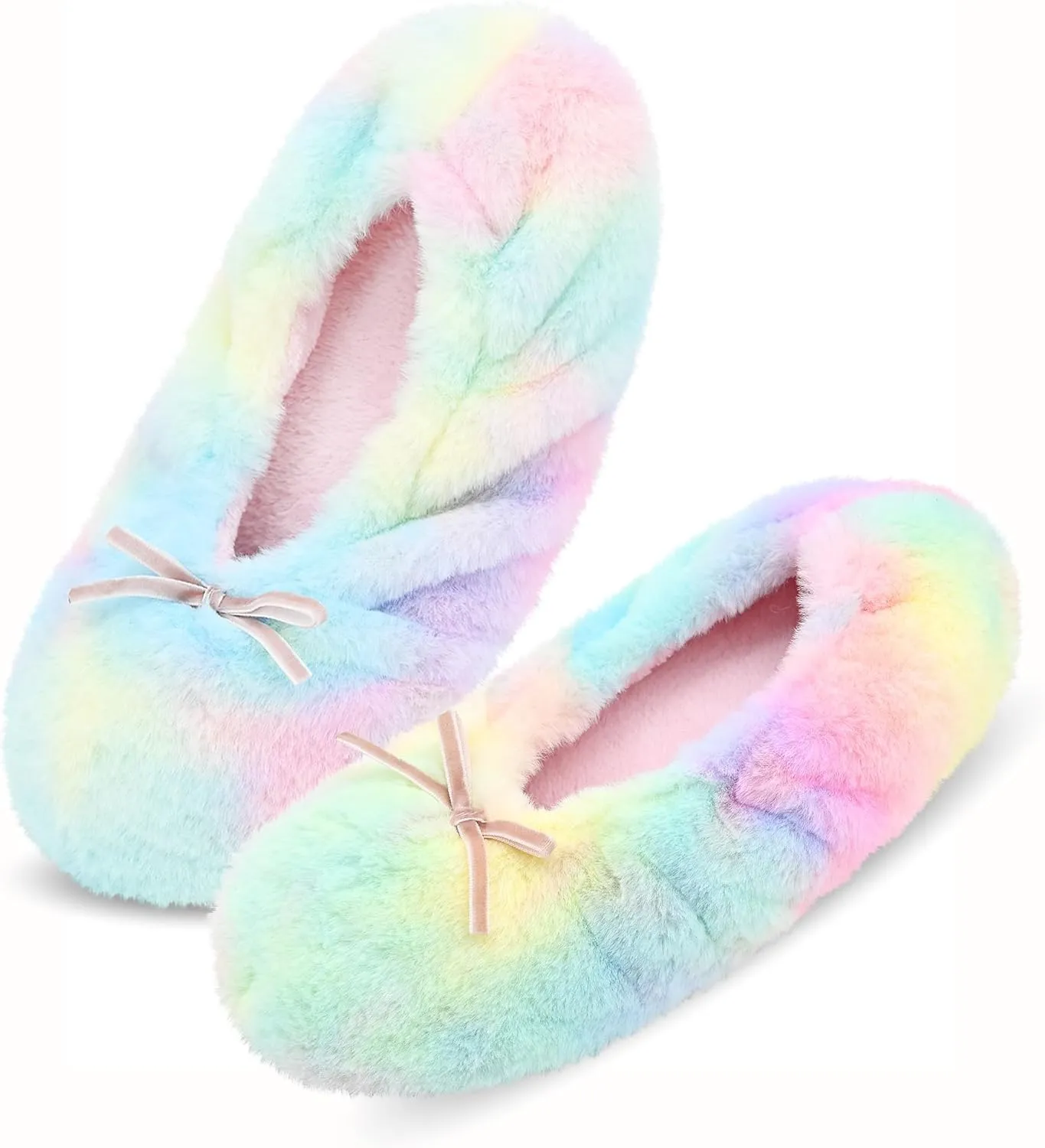 Keyela Women's Ballerina House Slippers with Soft Tie Bow and Suede Sole, Non-Slip Bedroom Slippers Socks
