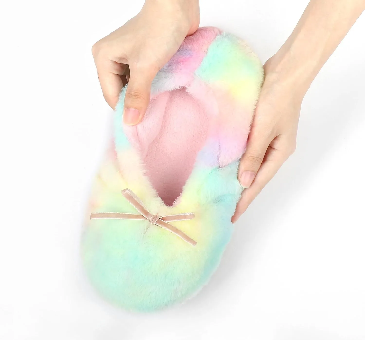 Keyela Women's Ballerina House Slippers with Soft Tie Bow and Suede Sole, Non-Slip Bedroom Slippers Socks