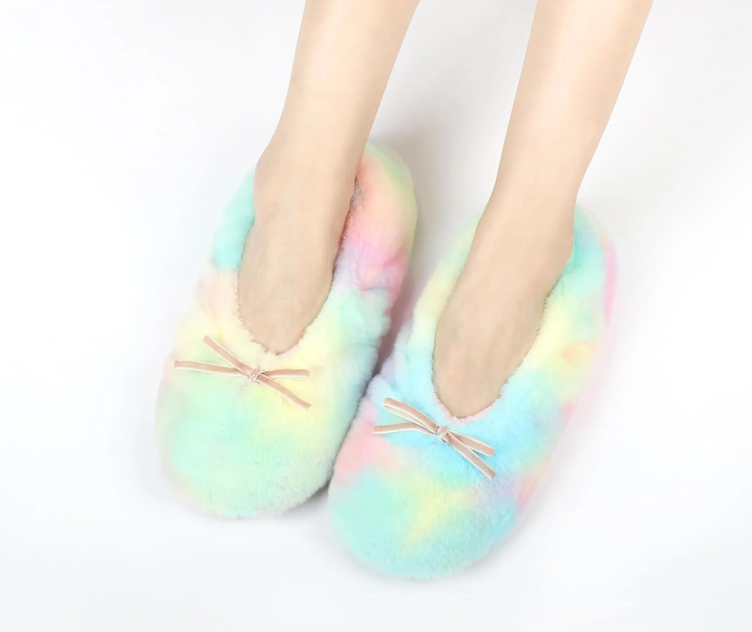 Keyela Women's Ballerina House Slippers with Soft Tie Bow and Suede Sole, Non-Slip Bedroom Slippers Socks