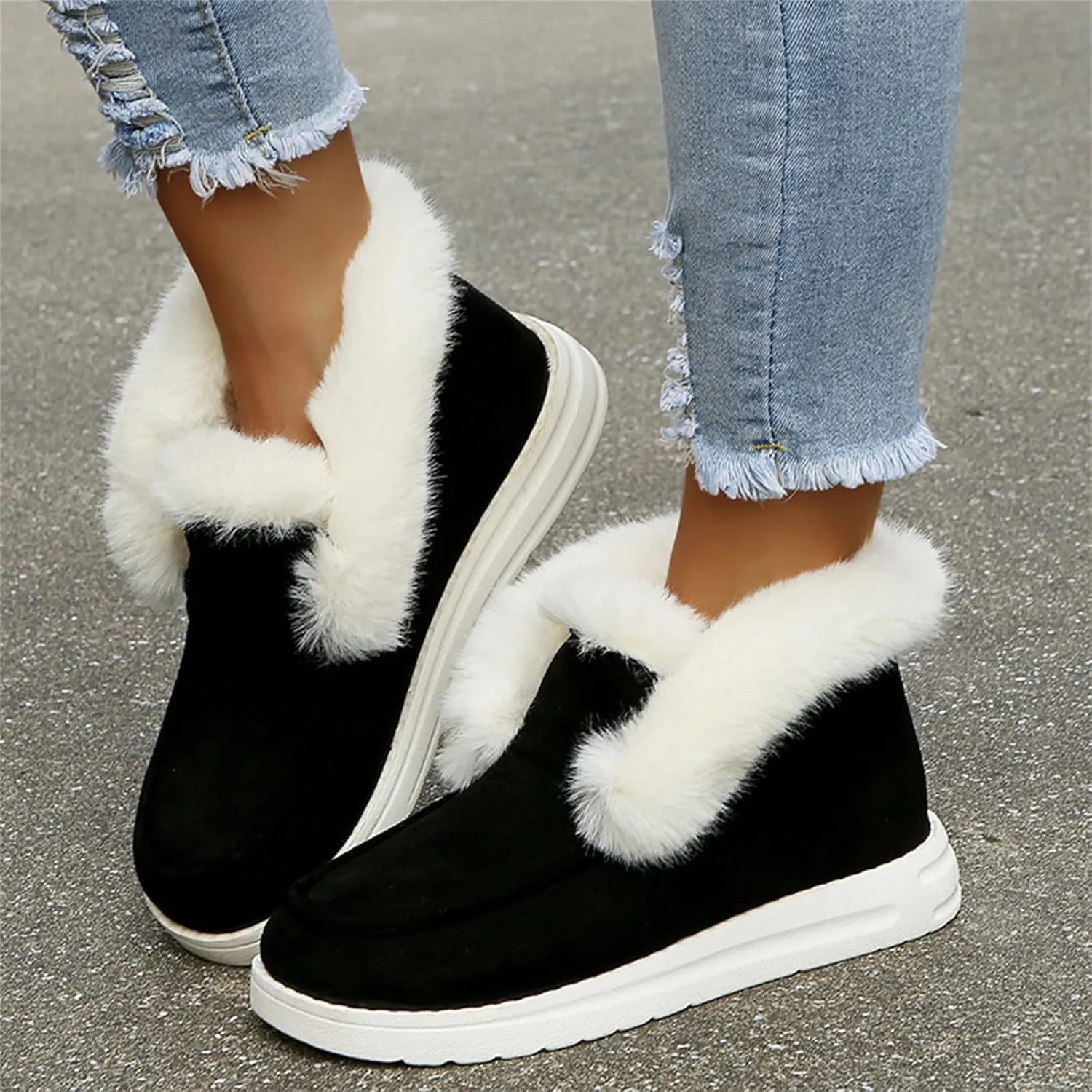 Ladmiple Snow Boots For Women 2023 Trendy Warm Fur Lined Winter Outdoor Short Ankle Booties Slip On Fashion Walking Shoes