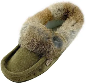 Laurentian Chief Men's Army Suede Slippers Rabbit Fur Collar Soft Sole Moccasins