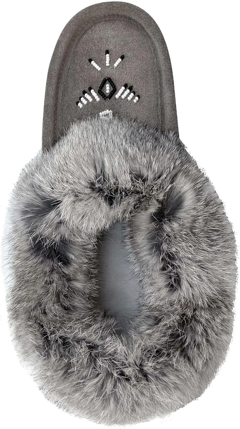 Laurentian Chief Women's Suede Slippers Rabbit Fur Collar Soft Sole Moccasins