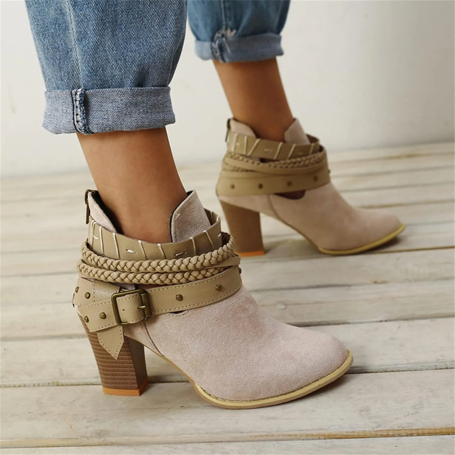 Lausiuoe Ankle Boots For Women With Heel Chunky Block Booties Western Shoes Dressy Wide Width Side Zipper Short Boots
