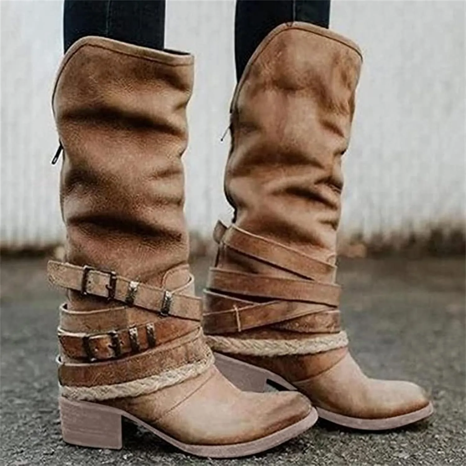 Lausiuoe Cowboy Boots For Women Leather Wide Calf Sunflower Embroidered Fashion Cowgirl Knee High Chunky Western Boots
