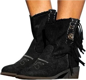 Lausiuoe Cowboy Boots For Women Wide Calf Wide Foot Western Fringe Cowgirl Ankle Boots Ladies Dressy Short Booties Shoes