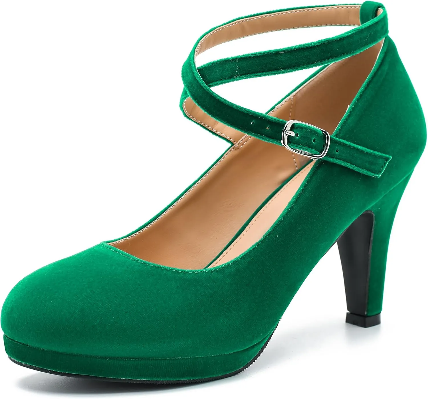 LIURUIJIA Women's Platform High Heels Sexy Cross Ankle Strap Pumps Wedding Work Party Dress Shoes Green Velvet 8.5