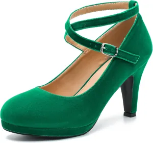 LIURUIJIA Women's Platform High Heels Sexy Cross Ankle Strap Pumps Wedding Work Party Dress Shoes Green Velvet 8.5