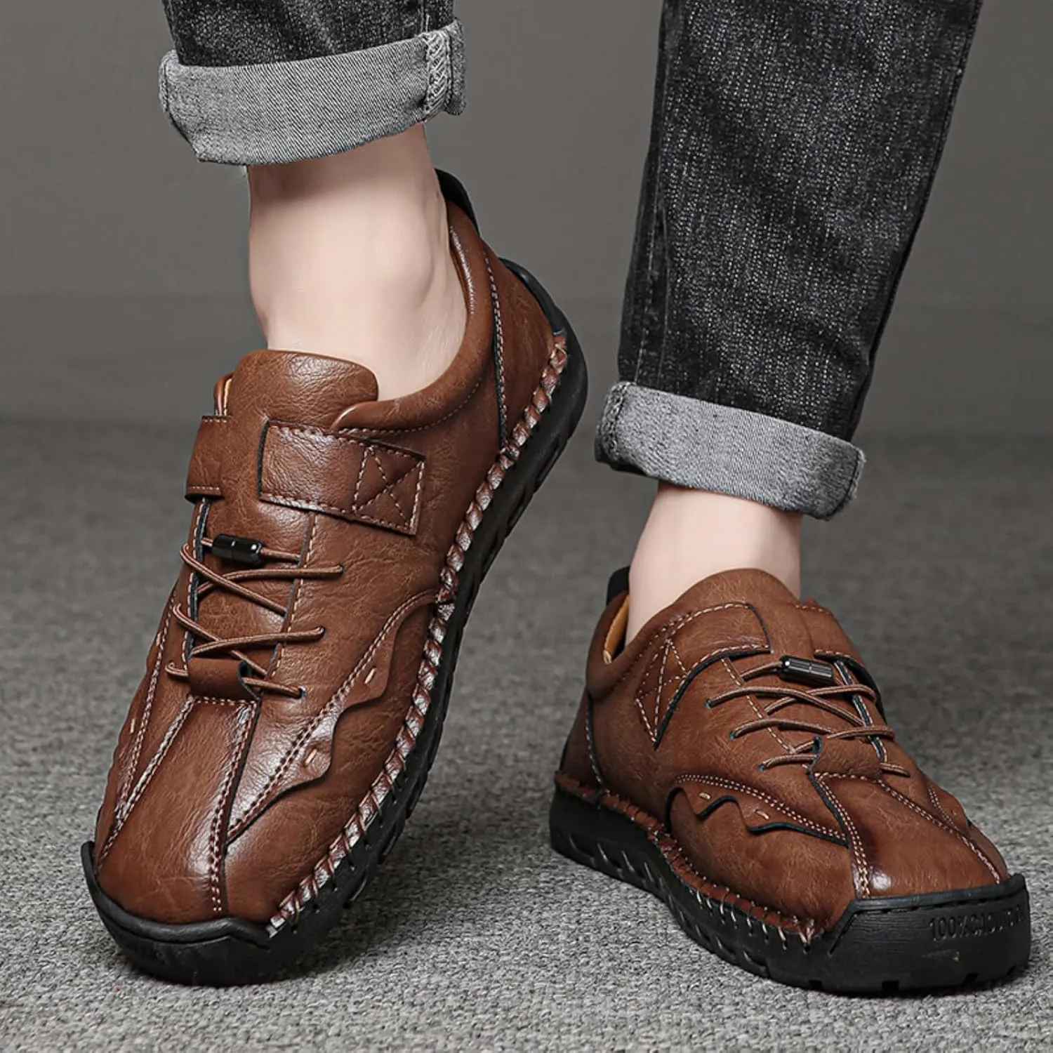 Men's Casual Shoes with Hook-and-Loop Closure & Shoelace, Textured Leather Design Sturdy Stitched Sole Slip-Resistant Rubber Tread for Daily Commuting & Outdoor Activities