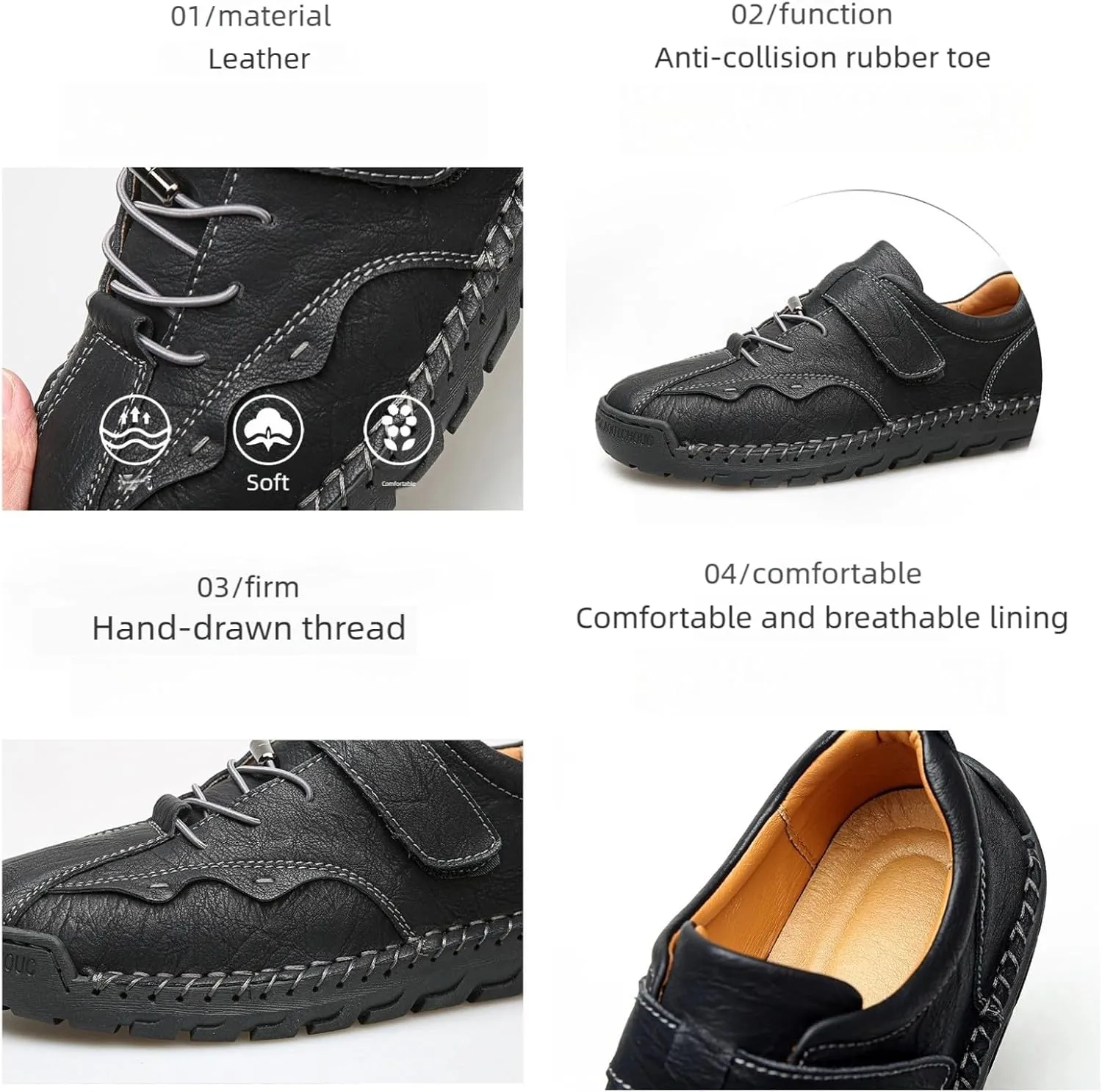 Men's Casual Shoes with Hook-and-Loop Closure & Shoelace, Textured Leather Design Sturdy Stitched Sole Slip-Resistant Rubber Tread for Daily Commuting & Outdoor Activities