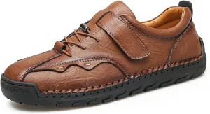 Men's Casual Shoes with Hook-and-Loop Closure & Shoelace, Textured Leather Design Sturdy Stitched Sole Slip-Resistant Rubber Tread for Daily Commuting & Outdoor Activities