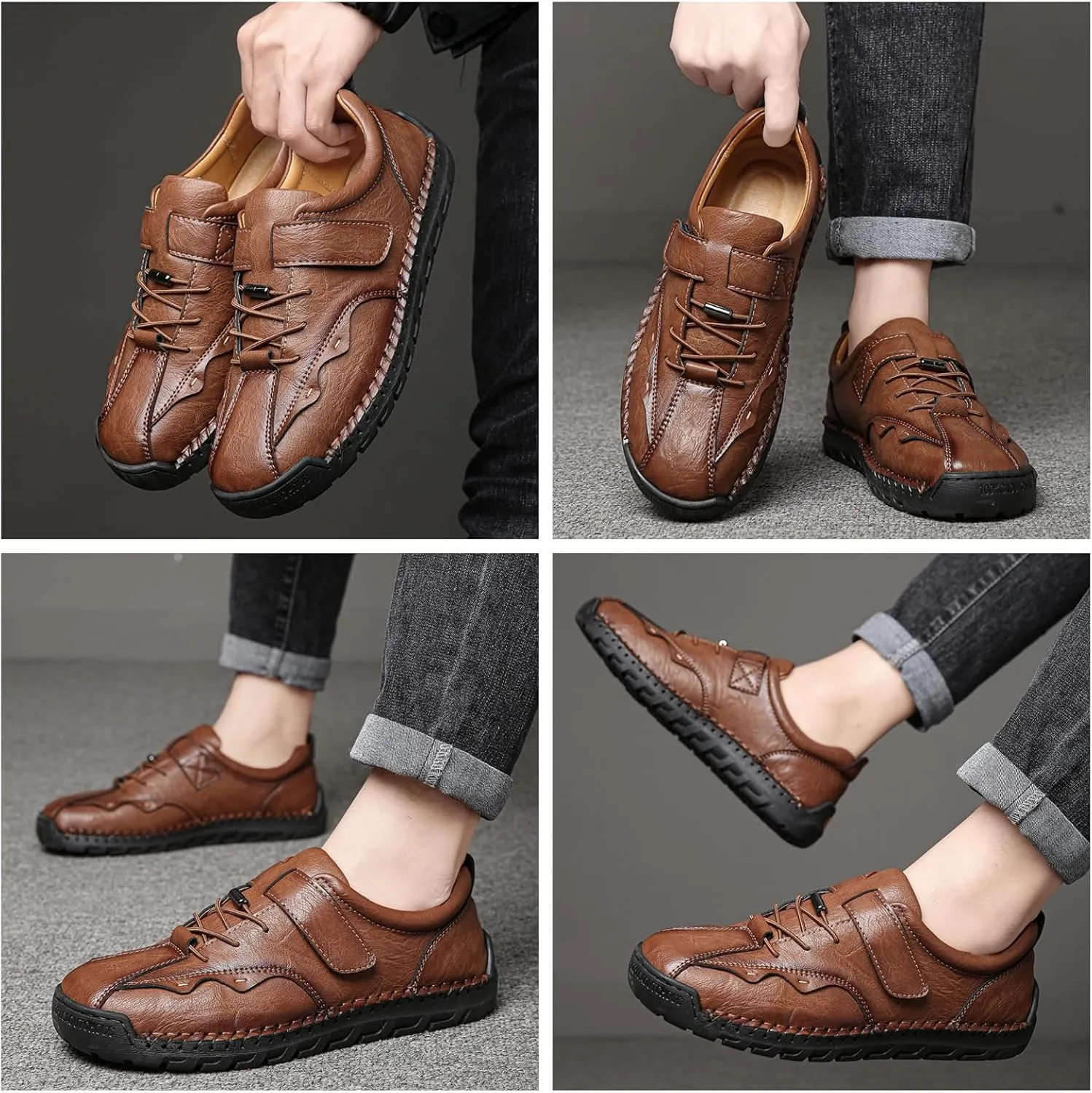 Men's Casual Shoes with Hook-and-Loop Closure & Shoelace, Textured Leather Design Sturdy Stitched Sole Slip-Resistant Rubber Tread for Daily Commuting & Outdoor Activities