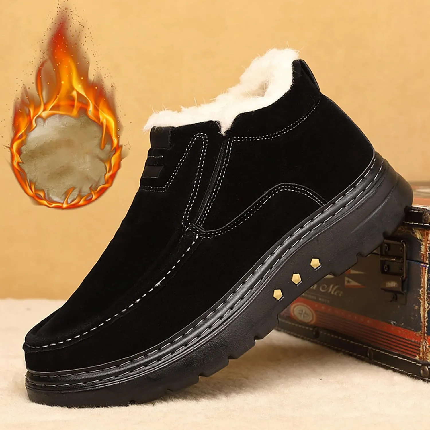 Men's Waterproof Slip On Snow Boots Warm Plush Lined Non Slip Outdoor Winter Booties Work Walking Cotton Shoes