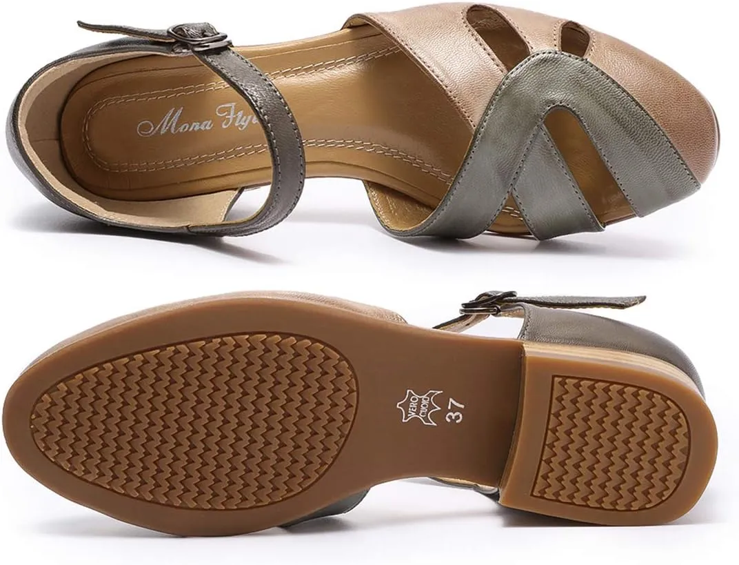 Mona flying Women Leather Tatianna Dress Sandals Closed Toe Low Heels Strappy Flats Summer Casual Shoes