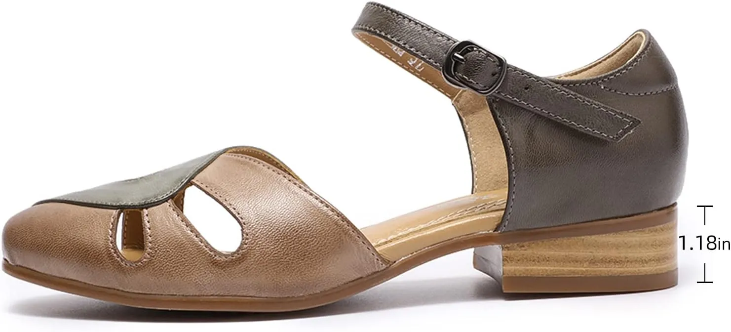 Mona flying Women Leather Tatianna Dress Sandals Closed Toe Low Heels Strappy Flats Summer Casual Shoes
