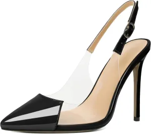 SAMMITOP Womens Slingback Stiletto Sandals Pointed-Toe High-Heel Pumps Ankle Strap Clear Heels Casual Wedding Shoes Fashion Dress Shoes