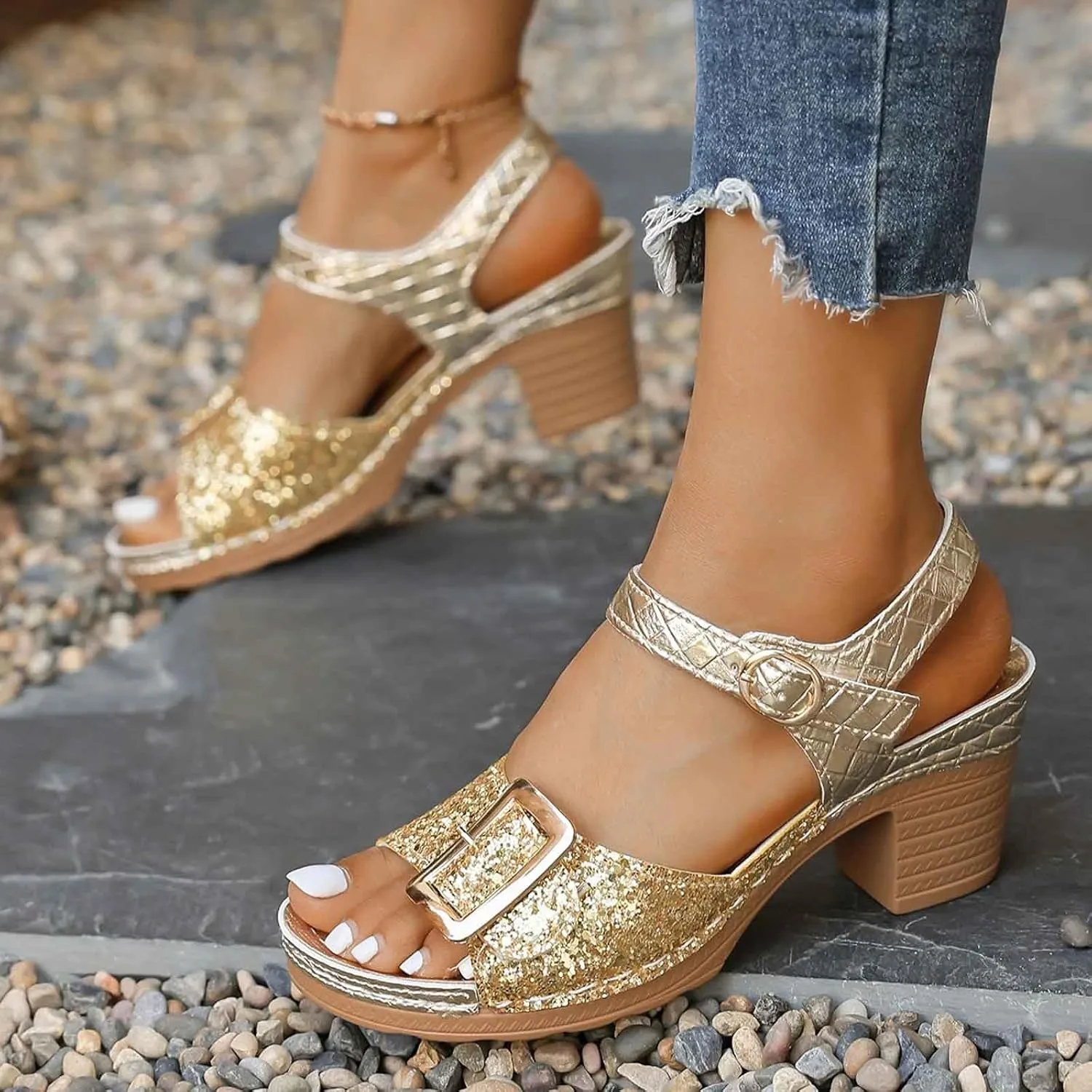 Stylish Women's Open Toe Sandals With Sparkling Embellishments And Wedge Heel For Summer Casual Outings Beach