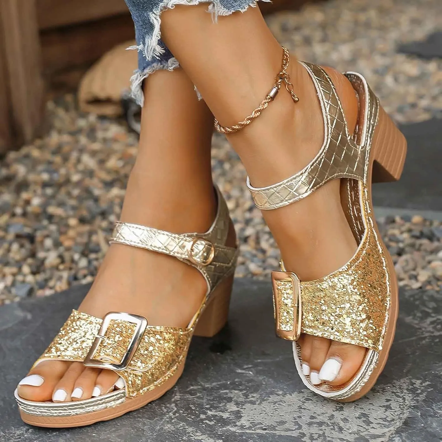 Stylish Women's Open Toe Sandals With Sparkling Embellishments And Wedge Heel For Summer Casual Outings Beach