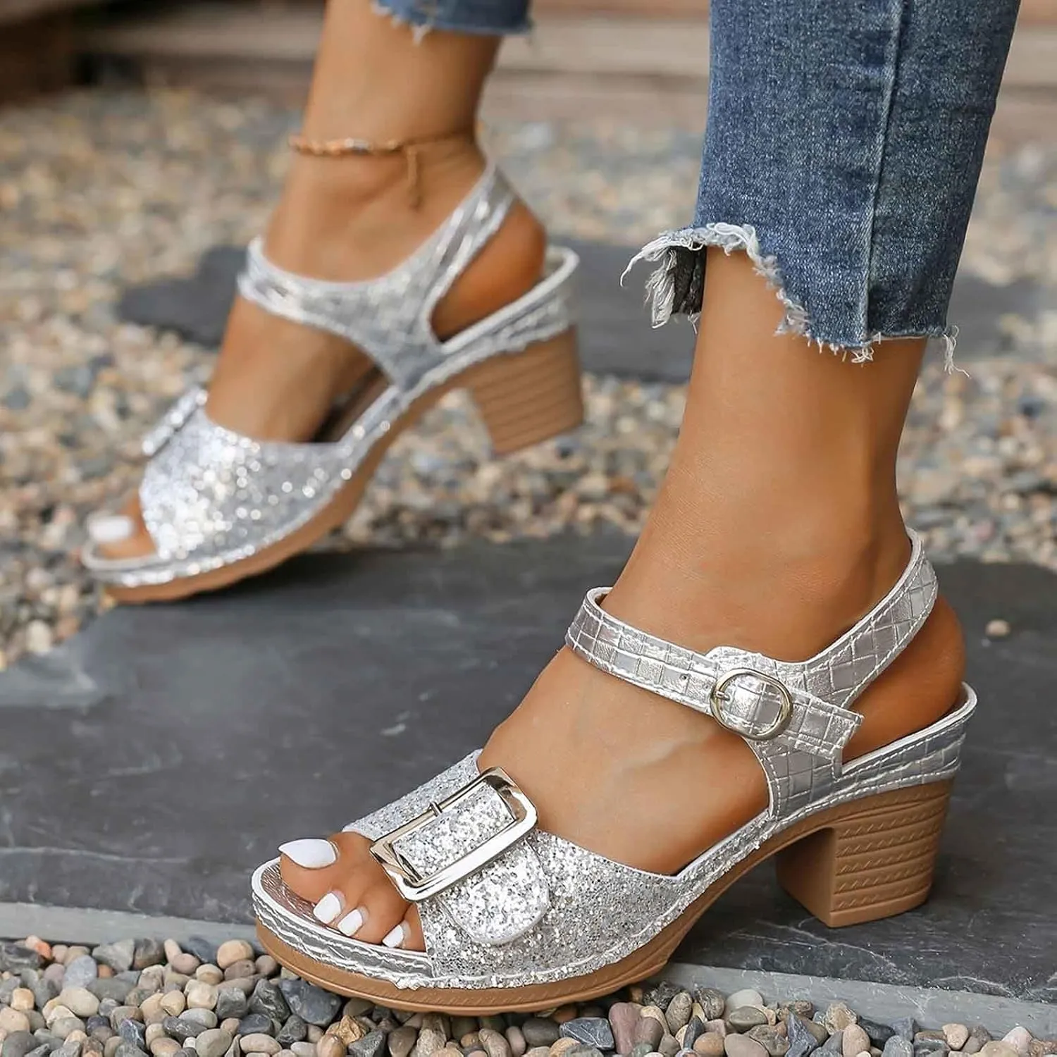 Stylish Women's Open Toe Sandals With Sparkling Embellishments And Wedge Heel For Summer Casual Outings Beach