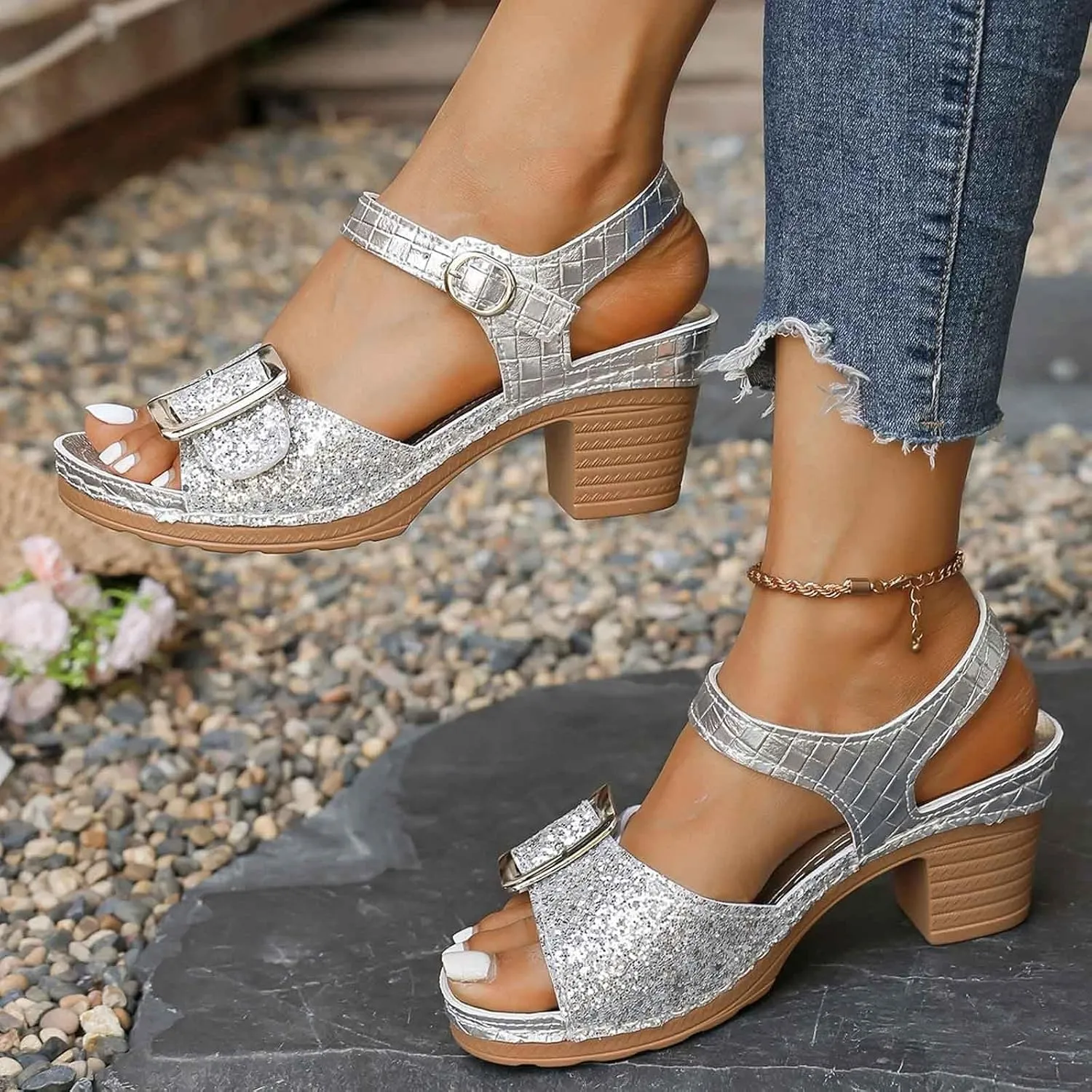 Stylish Women's Open Toe Sandals With Sparkling Embellishments And Wedge Heel For Summer Casual Outings Beach