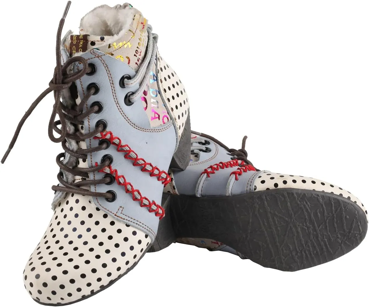 TMA EYES Women's Leather Ankle Boots with Low heel Polka dot pattern and Faux Fur Lining